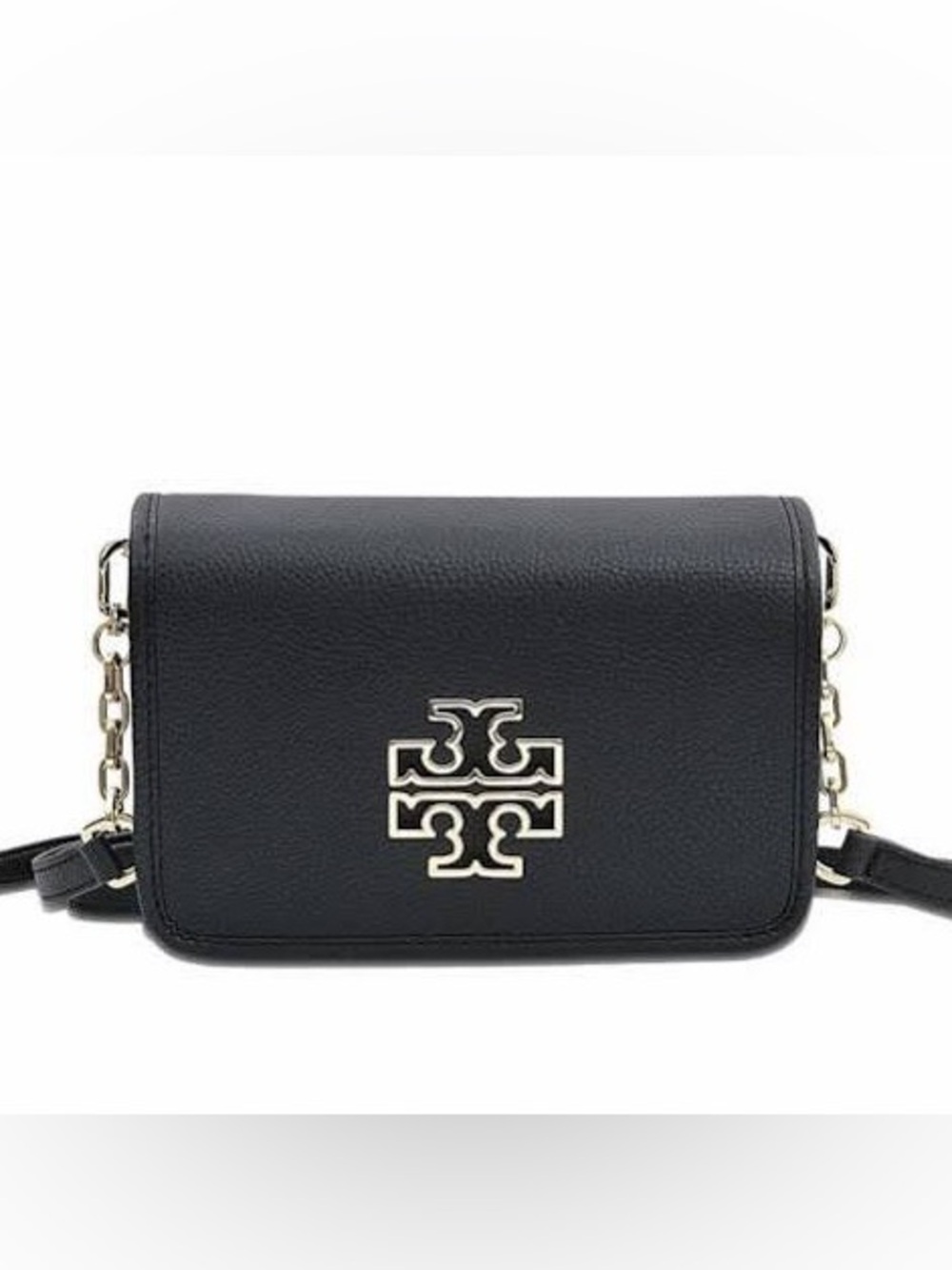 Tory Burch Black Pebbled Leather Logo Crossbody Bag with Gold Hardware